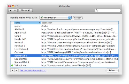 The Webmailer preference pane, on OS X Tiger